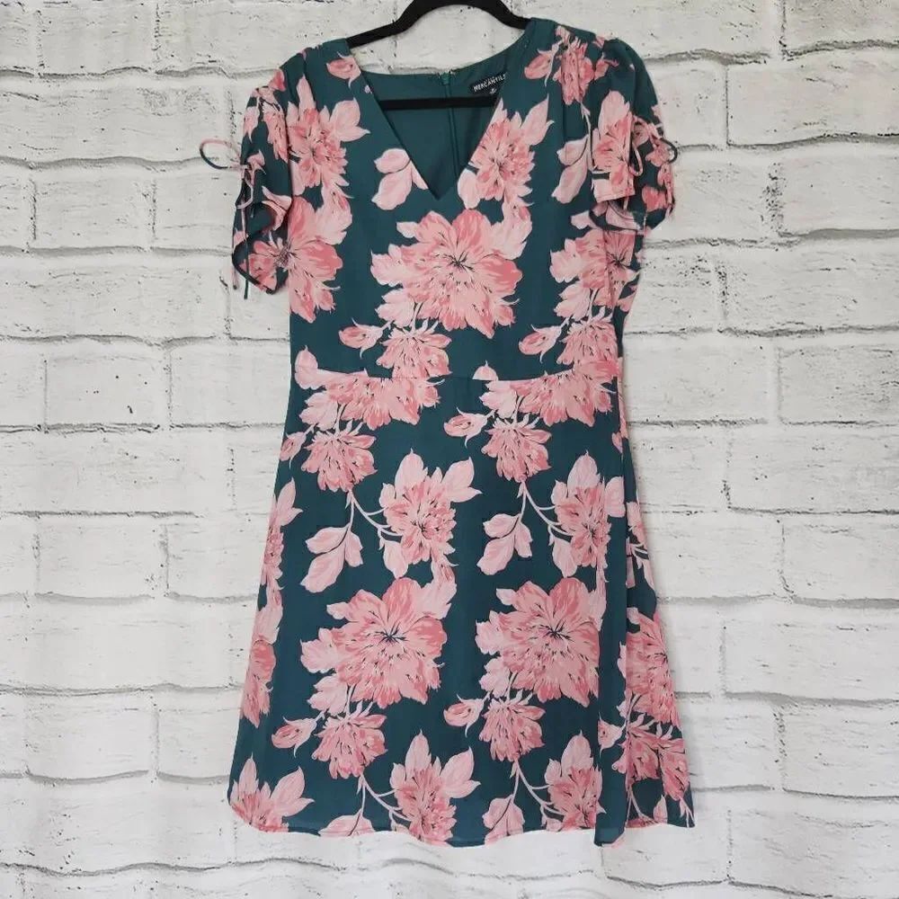 J Crew Mercantile Green Pink Floral Print Tie Sleeve V Neck Dress Size 8 A Line
